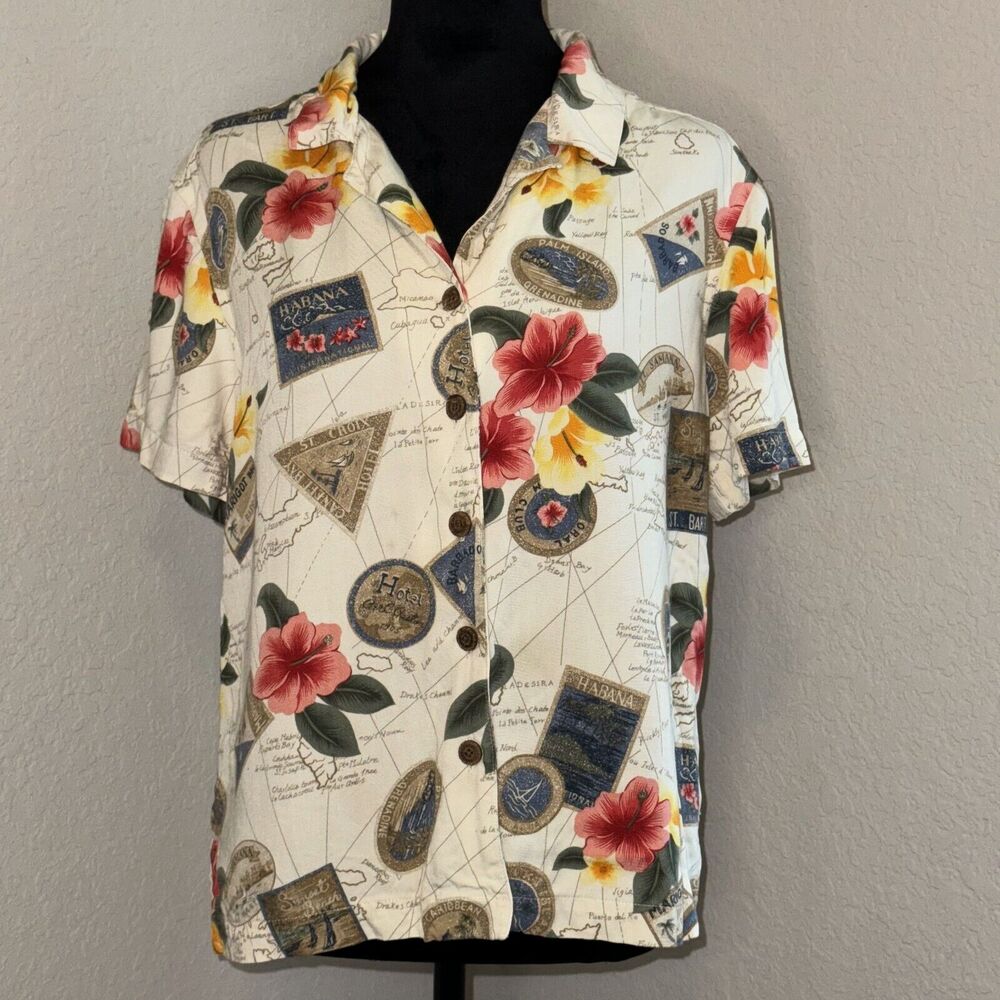 Caribbean Joe Shirt Men's M Ivory Printed‎ Casual Short Sleeve Classic Button Up
